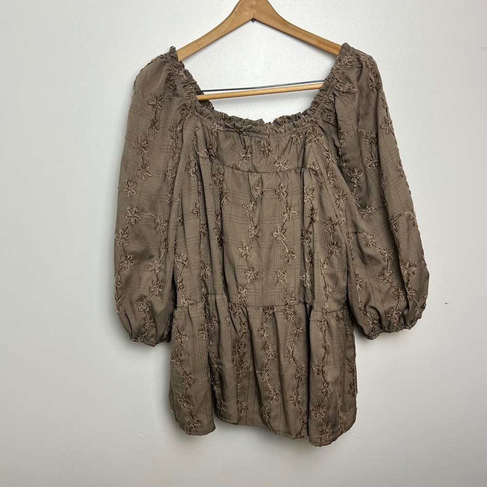 Hayden Woman's Brown Square Neck Tiered Peasant Blouse‎ Puff Sleeve Top 1XL